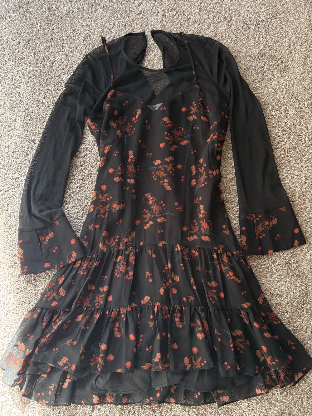 BCBGeneration Black Dress with Rust Floral Print and Sheer Overlay